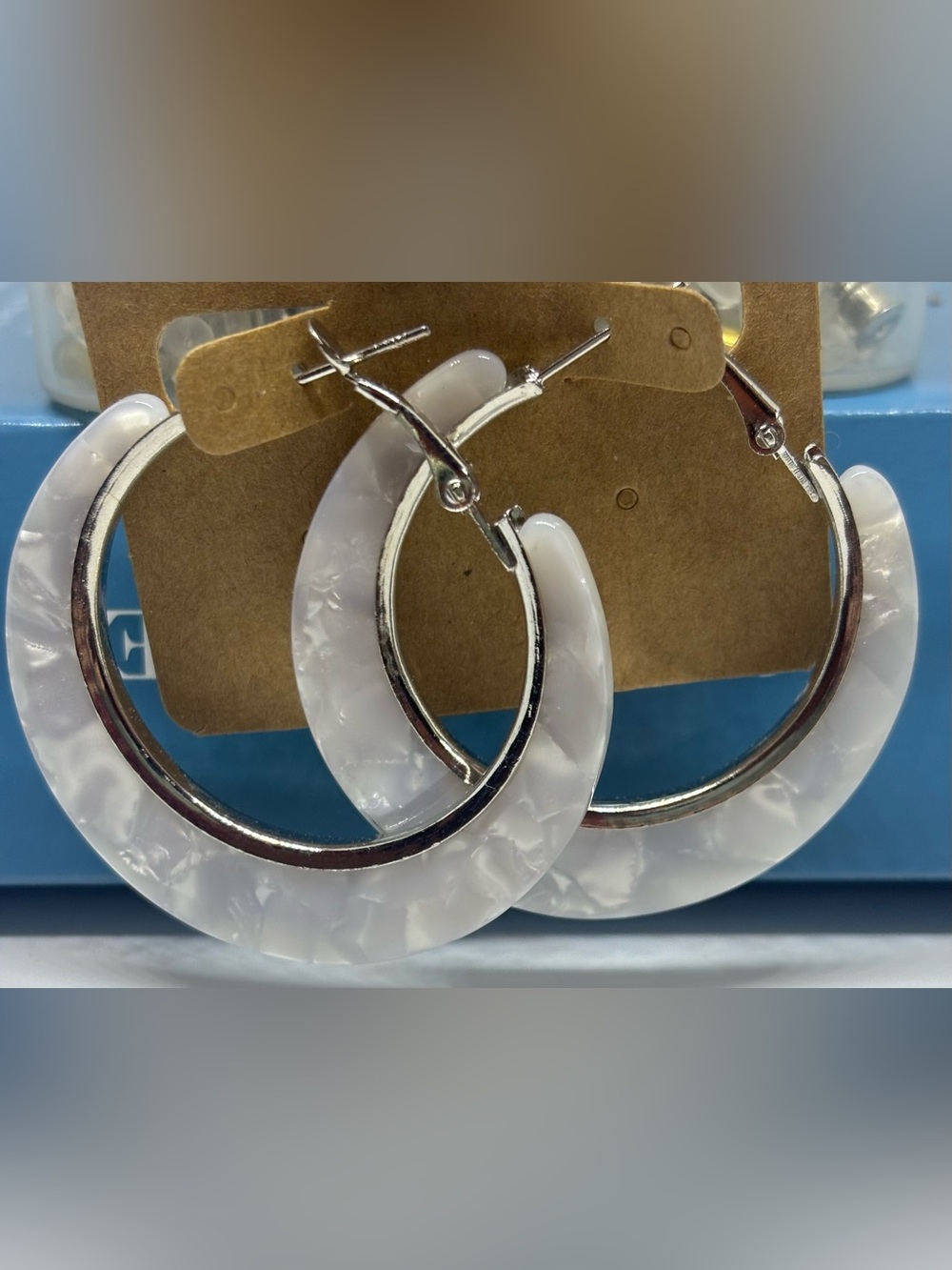White Marble Hoop Earrings  Silver Hinge Back